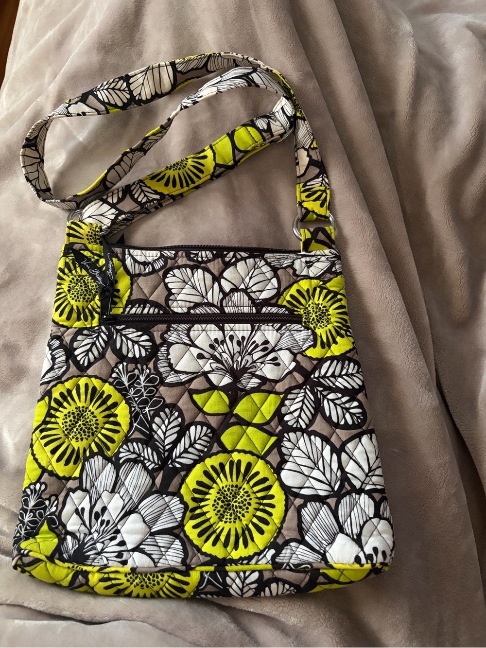 Vera Bradley Black White and Lime Floral Quilted Crossbody Bag